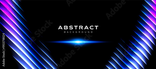 Neon abstract background with glowing blue light flare and futuristic diagonal lines on dark backdrop. Modern digital technology vector design with vibrant gradient and dynamic energy effect.