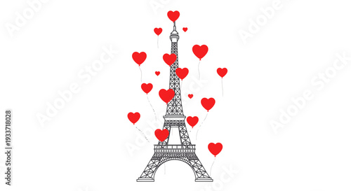 Eiffel Tower with Red Heart Balloons on White Background
