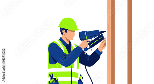 Construction worker using nail gun on wooden frame, safety gear, skilled labor
