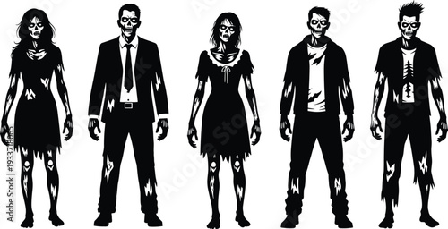 Zombie characters silhouette set, scary undead men and women horror vector illustration isolated on white background design