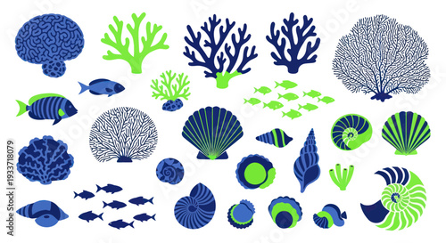 Colorful Coral Reef Elements and Tropical Fish Collection Isolated