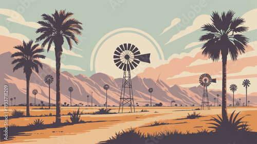 Vintage desert landscape with palm trees windmills and mountains at sunset evoking a sense of serene tranquility and nostalgia