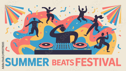Vibrant summer festival scene with dancing people and dj at music event with colorful abstract background