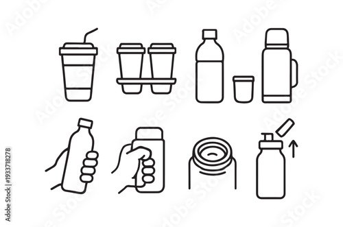 Line art illustration depicting various beverage containers and recycling symbols