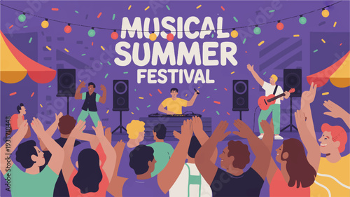 Vibrant summer festival crowd enjoying live music at outdoor concert with colorful lights and confetti