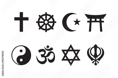 Religious symbols representing diverse faiths aligned in two horizontal rows