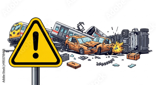 Warning Sign Near Train Derailment Scene.