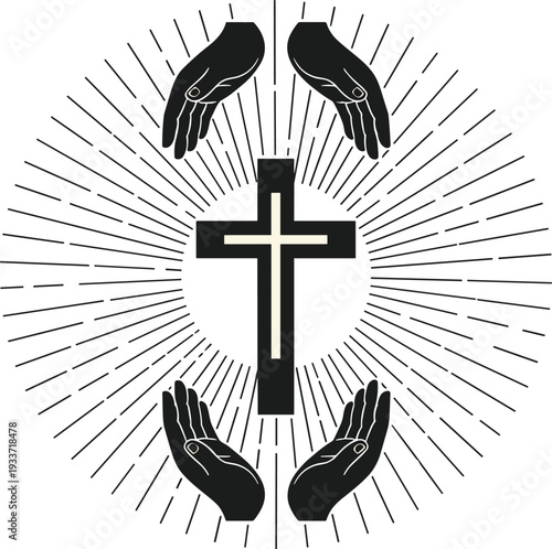 Christian cross silhouette, praying hands artwork, faith worship illustration, religious devotion vector, spiritual protection graphic, divine light symbol, church icon design