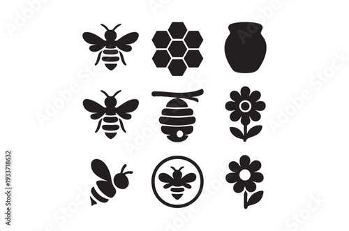 Black silhouettes of bees honeycombs flowers and beekeeping elements