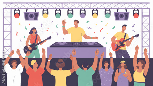 People enjoying live music performance with band playing guitar and dj at a vibrant party with colorful stage lights