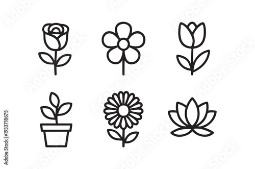 Simple black and white line art depicting various flower types