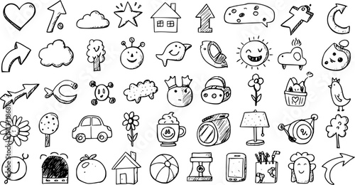 Hand-drawn doodle icons set for kids and creative design, featuring various cute black and white sketches of everyday objects, nature, and abstract shapes.