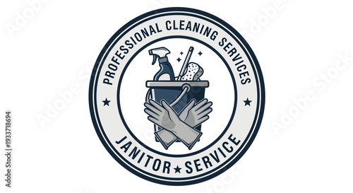 Professional Cleaning and Janitor Service Emblem with Cleaning Supplies.