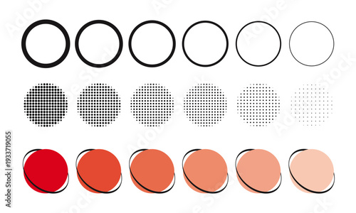 Progressive halftone dot shaded circles – gradient variation vector set.