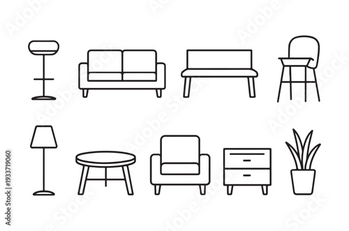 Black and white line drawing of furniture and interior decorations
