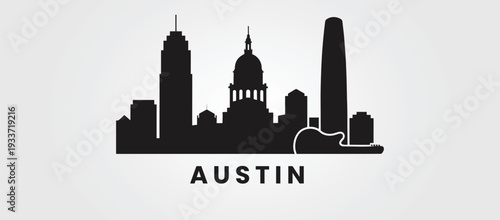 Creative Austin TX skyline illustration featuring Capitol and Frost Bank Tower.