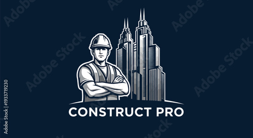 Professional construction worker in hard hat and safety vest standing in front of skyscrapers.