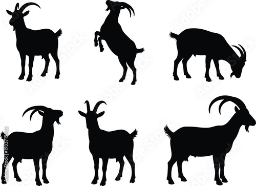 Goat silhouette collection with different poses including standing, rearing and grazing isolated on light background, farm animal vector set for agriculture and livestock design