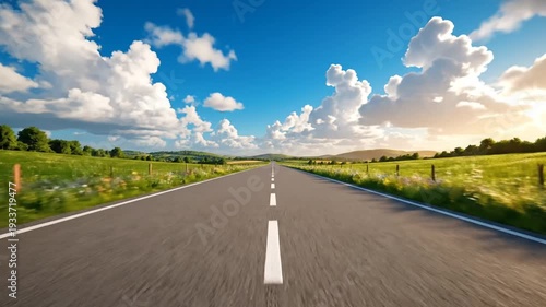Open road stretching to horizon under blue sky with clouds, driving forward concept