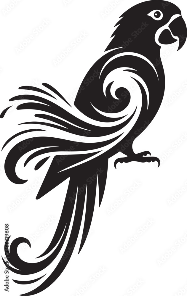 Obraz premium Elegant Abstract Parrot Silhouette Graphic Design with Swirls and Decorative Tail