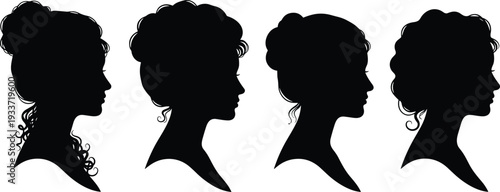 Elegant female profile silhouette collection with curly vintage hairstyles isolated on light background, classic woman portrait vector set for beauty, fashion, and design projects