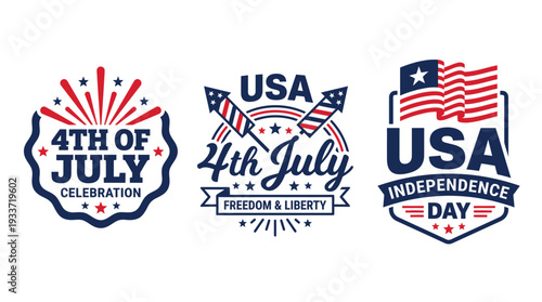 Set of patriotic 4th of July USA Independence Day celebration emblems on white