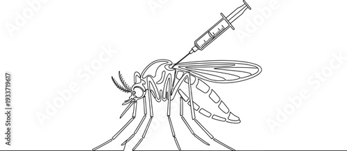 One line drawing of mosquito being injected with syringe for malaria vaccine research medical science virus prevention and global health concept