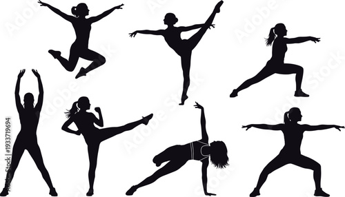 Female fitness silhouette collection performing stretching, jumping and yoga poses isolated on light background, dynamic workout vector set for sport and healthy lifestyle design