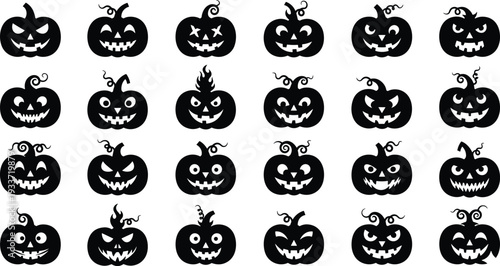 Halloween pumpkin silhouette collection with spooky jack o lantern faces isolated on light background, creepy black vector icons set for holiday decoration and design
