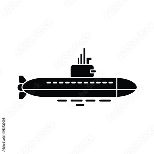 A simple black silhouette depicting a military submarine in profile