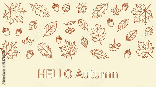 Hello Autumn text with outlined fall leaves acorns and berries border on light background