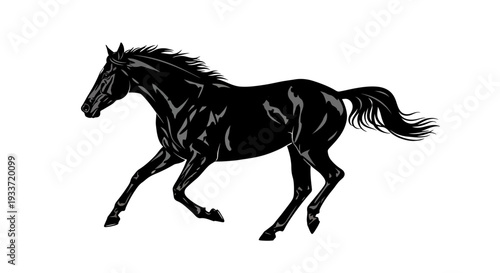 Majestic Black Horse Galloping Isolated on White Background, Dynamic Movement