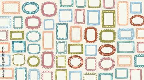 Hand drawn doodle frames pattern with whimsical borders on a beige background