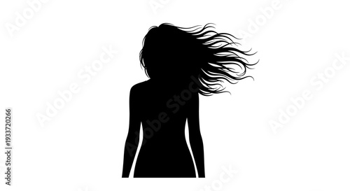 Silhouette of a woman with flowing hair in the wind, isolated on white background