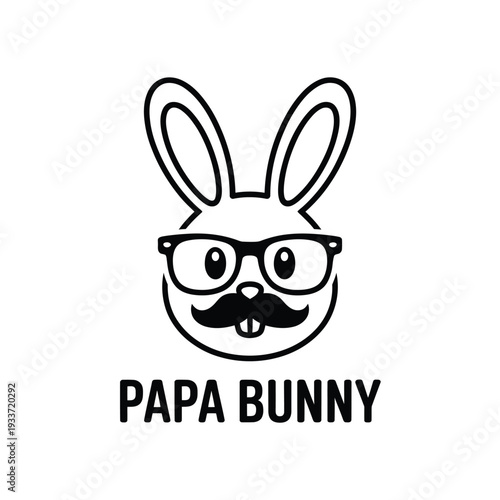 A charming black and white illustration of a bunny with glasses and mustache