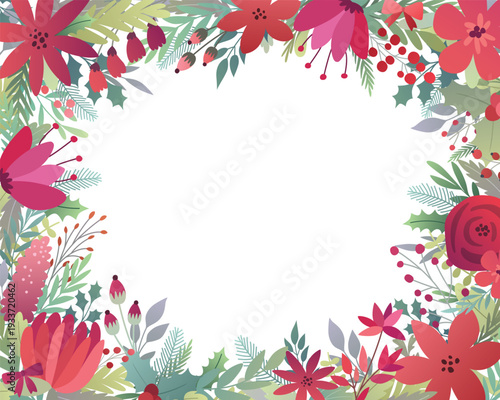 Festive Winter Floral Frame with Poinsettias and Berries, Ornamental floral border, decorative frame with different flowers and plants
