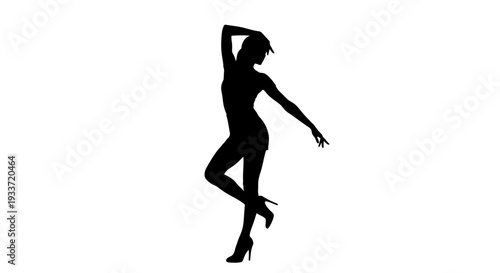Elegant Woman Silhouette Dancing with Arms Raised, Isolated on White Background