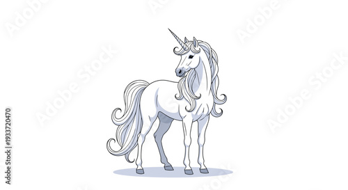 Elegant white unicorn stands gracefully with a long flowing mane and tail against a plain white background in a magical illustration.