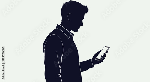 Silhouette of a man in a collared shirt using a smartphone, isolated on white.