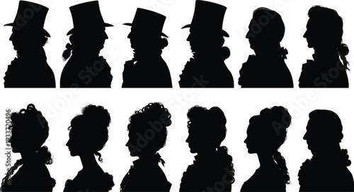 Vintage Victorian era silhouette portraits of elegant men and women in profile with classic hairstyles and hats isolated on light background for historical design