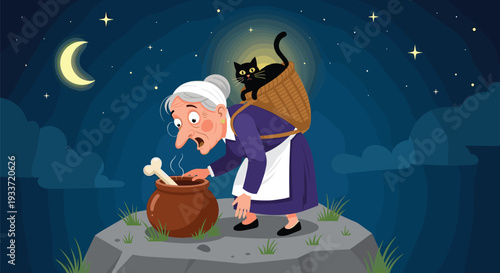 Old witch with a black cat in a basket stirs a bubbling pot on a rocky peak under a crescent moon and starry night sky.