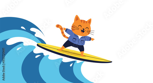 Playful orange cat wearing a blue shirt and black shorts balances skillfully on a yellow surfboard atop a large ocean wave.
