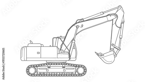 Excavator Blueprint: A precise technical illustration of a heavy-duty excavator, showcasing its intricate mechanical design and robust construction.