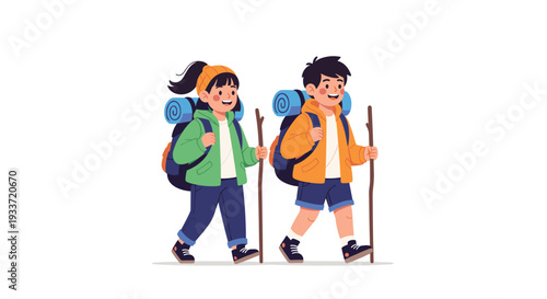 Two young hikers with backpacks and walking sticks trek together across a white background, sharing a happy outdoor adventure.