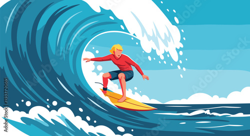 Skilled surfer rides inside a massive blue wave tube, demonstrating incredible balance and bravery against the ocean power.