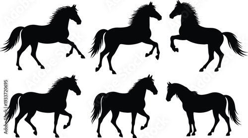Running horse silhouette collection in various dynamic poses isolated on light background, elegant black equine vector set for logo design, branding, and graphic illustration