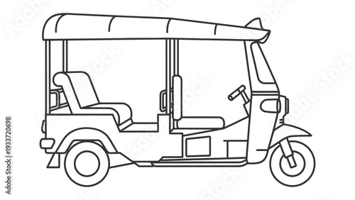 Tuk-tuk Transport Illustration: A line art representation of a tuk-tuk, a common form of transportation, embodies the essence of urban travel, ready to navigate the city. 