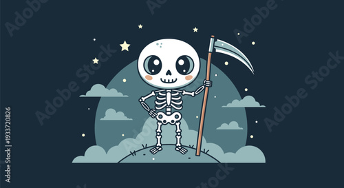 Adorable small skeleton dressed as a grim reaper with a scythe stands under a moonlit night sky filled with clouds and stars.