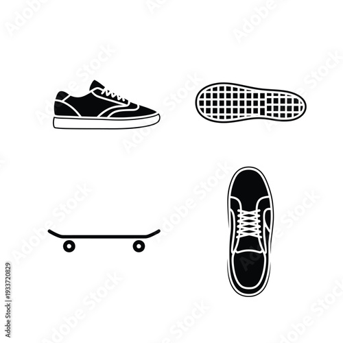Black and white silhouette icons of skateboard shoes and sole