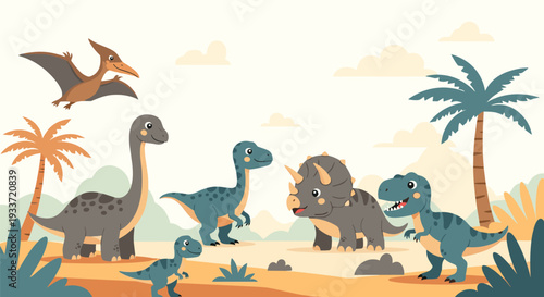 Group of various friendly dinosaurs including a T-Rex and Triceratops gathers in a sunny prehistoric landscape with palm trees.